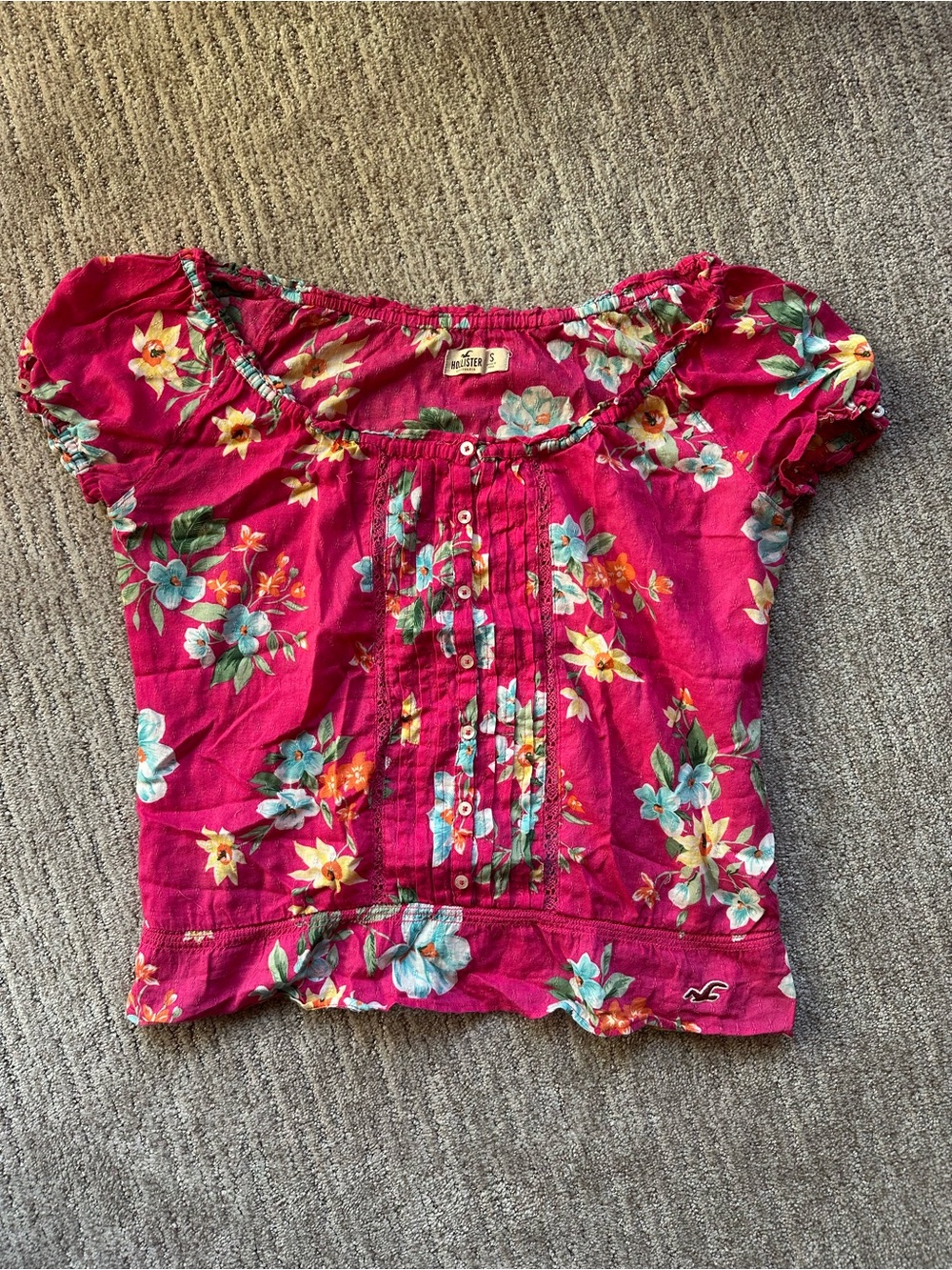 Hollister Floral Pintuck Peasant Top – Magenta Pink Y2K Boho Blouse Size S #12